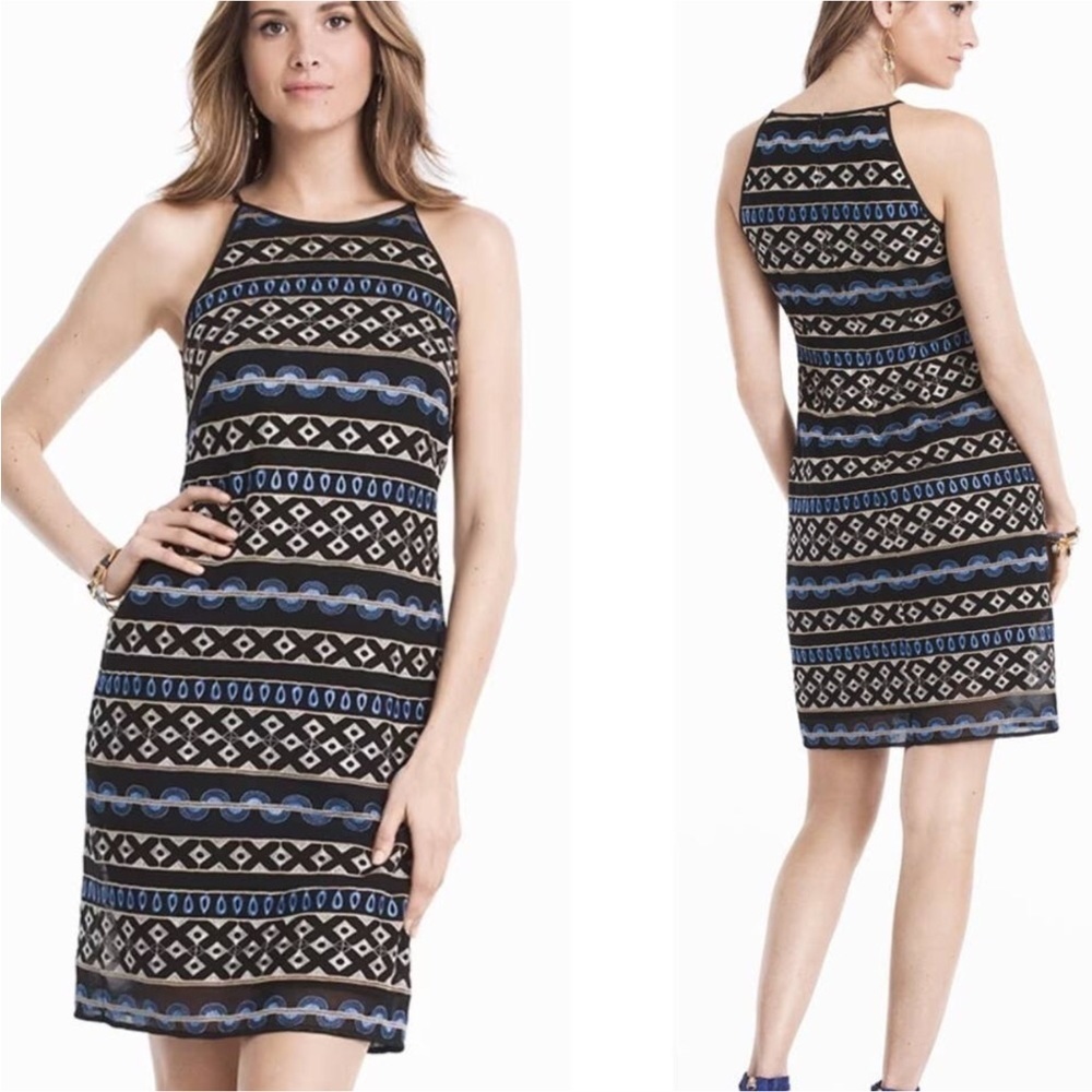 White House Black Market Black and Blue Patterned Halter Dress